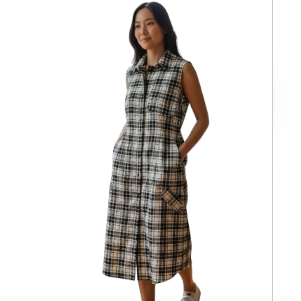 Liz Claiborne Black and White Plaid Sleeveless Midi Shirt Dress
